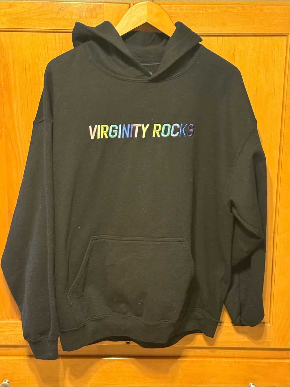 Danny Duncan Black Hoodie with Multicolor "VIRGINITY ROCKS" Embroidery